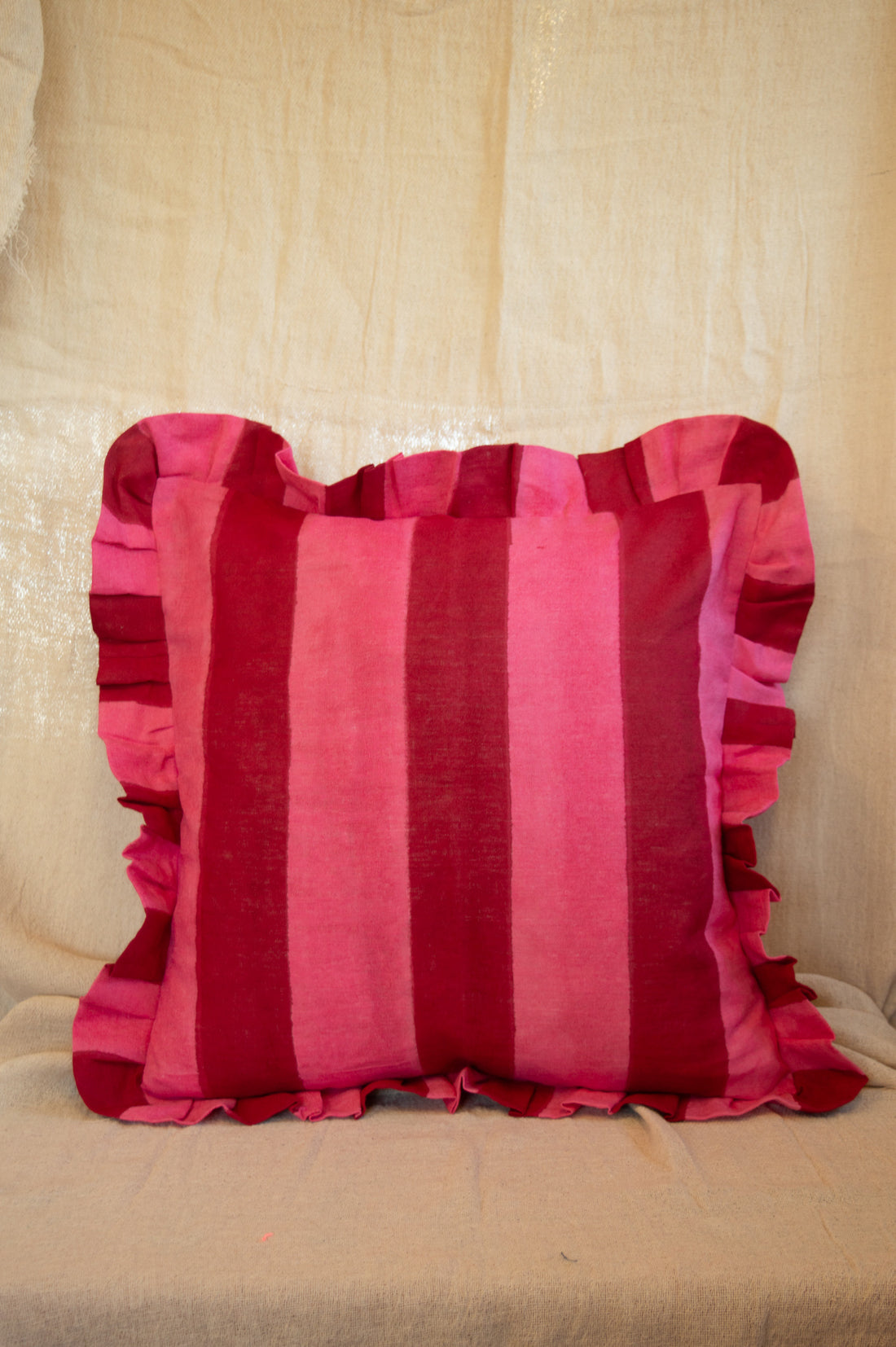 Red and Pink Linen Striped Cushion Cover