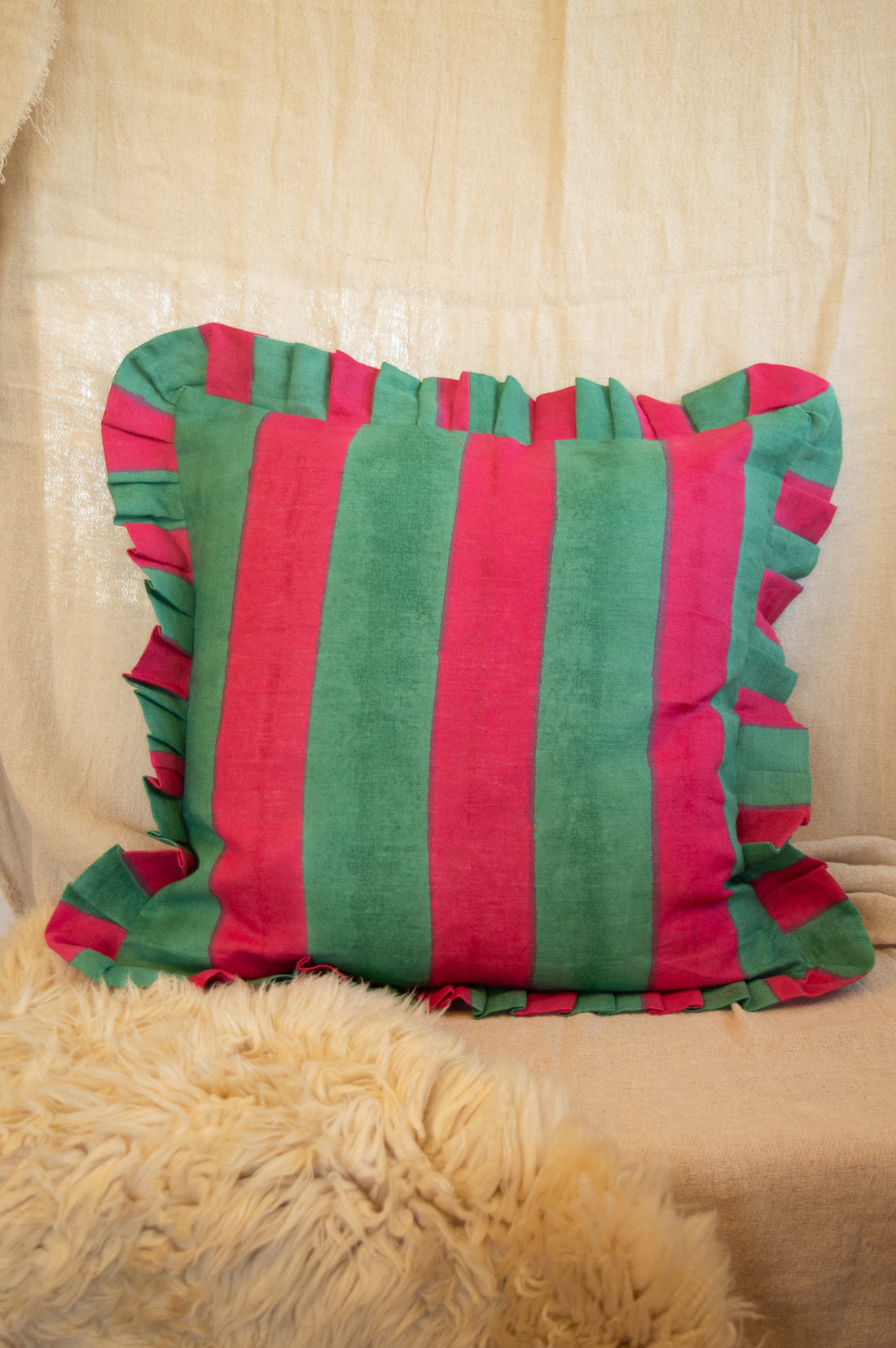 Green and Pink Linen Striped Cushion Cover