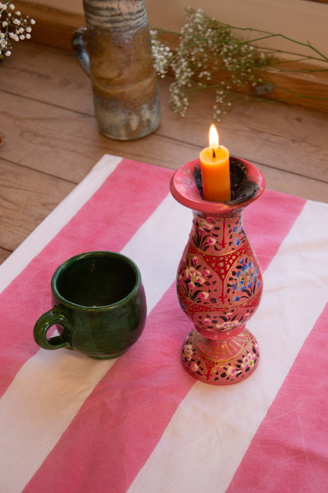 Indian Block Print Tablecloth - Pink and White stripe