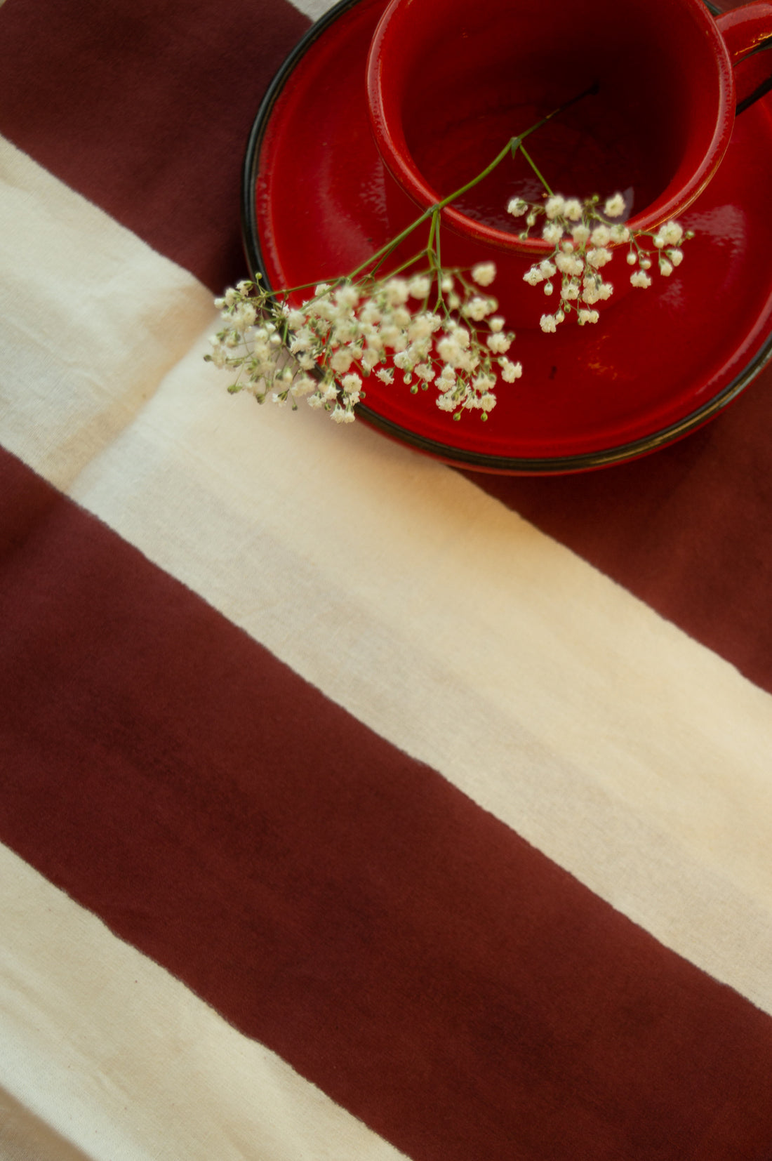 Indian Block Print Tablecloth - Merlot and white stripe