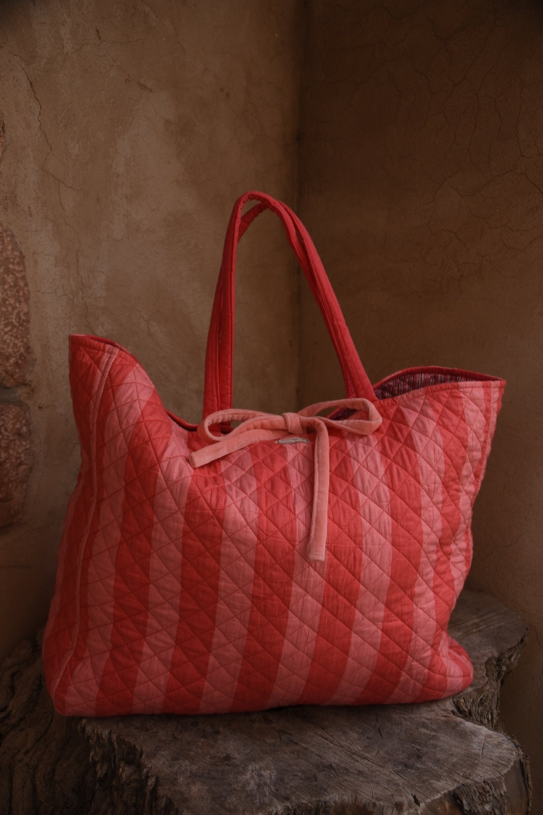 Roma Reversible Basket Bag - Coral Stripe