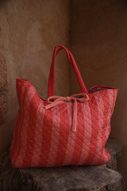 Roma Reversible Basket Bag - Coral Stripe