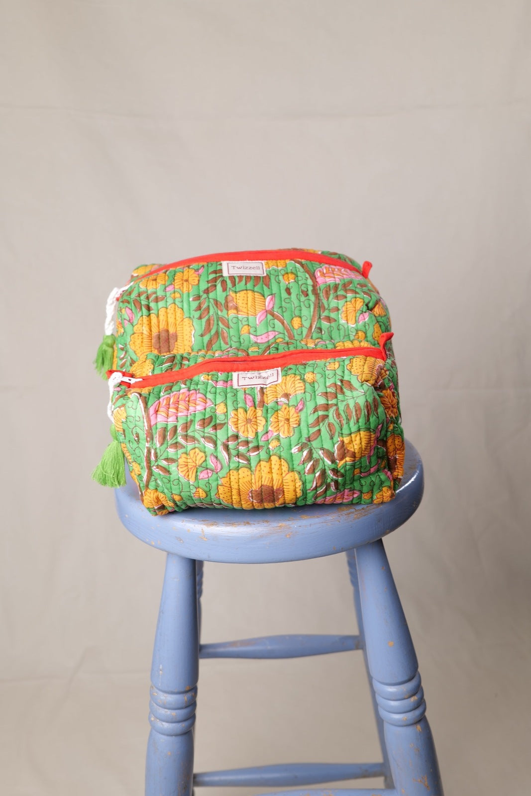 Quilted Wash Bag - Green and Yellow