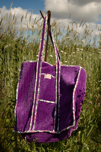 Velvet Reversible Bag - Purple and Peacock Feather