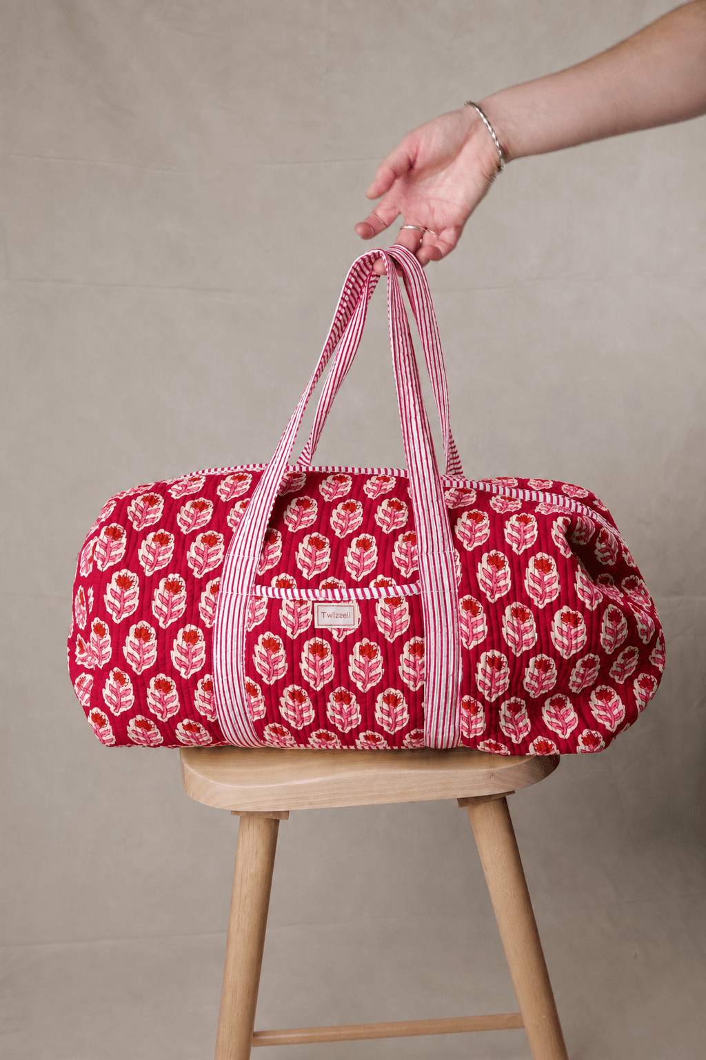 Weekend Bag - Red with Pink Flower