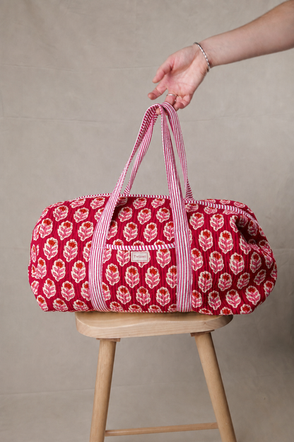 Weekend Bag - Red with Pink Flower