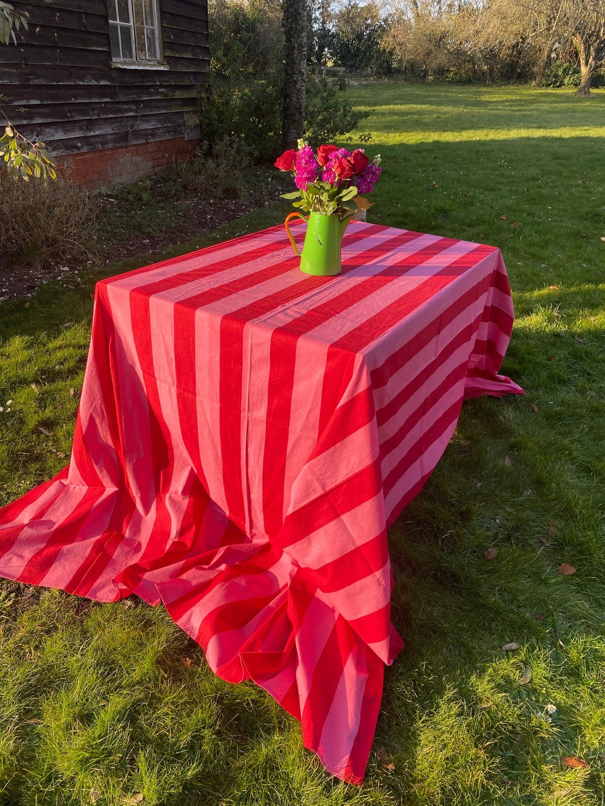 Indian Block Print Tablecloth - Pink and Red Stripe