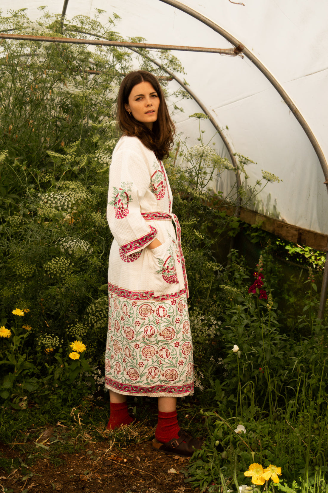 Cotton Waffle Indian Block Print Dressing Gown - Pomegranate
