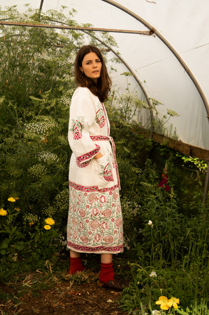 Cotton Waffle Indian Block Print Dressing Gown - Pomegranate