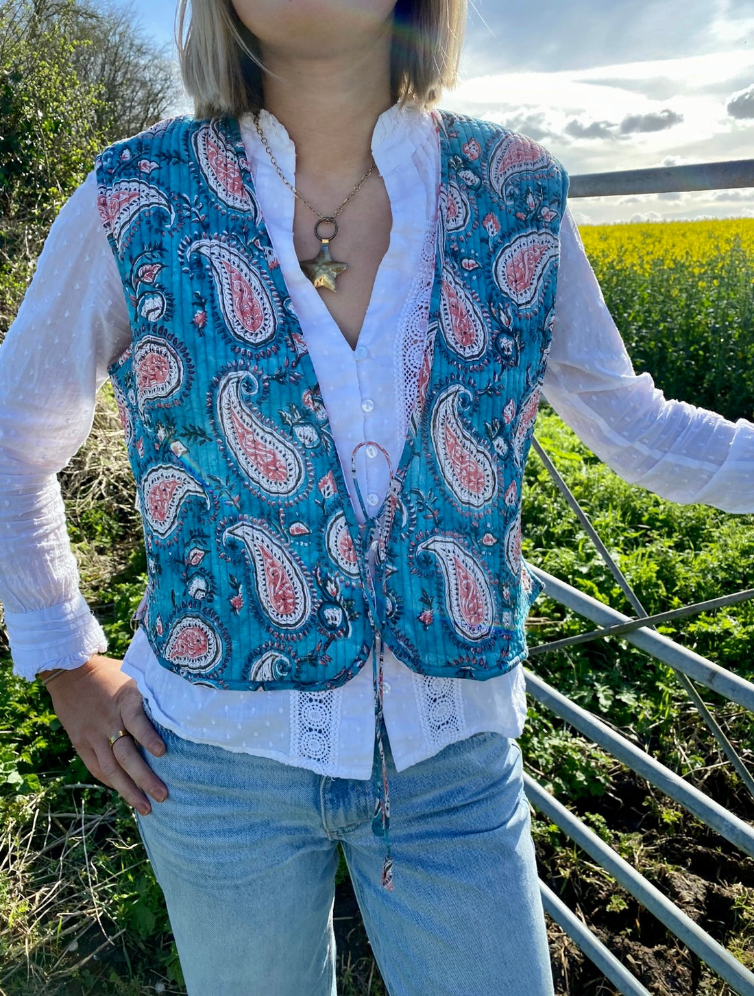 Reversible Cropped Quilted Gilet- Blue Paisley and Pink Star