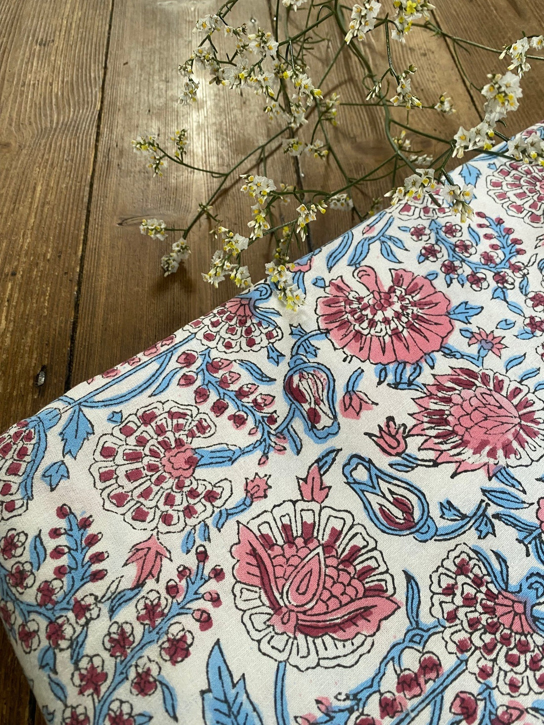 Indian Block Print Tablecloth - Blue and Pink