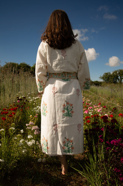 Cotton Waffle Indian Block Print Dressing Gown - Peach and Burgundy Flower