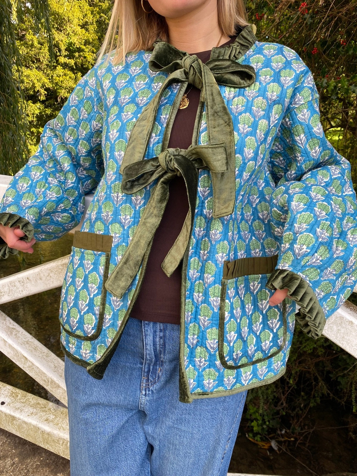 Reversible Jacket - Green Velvet with Blue Floral Reverse