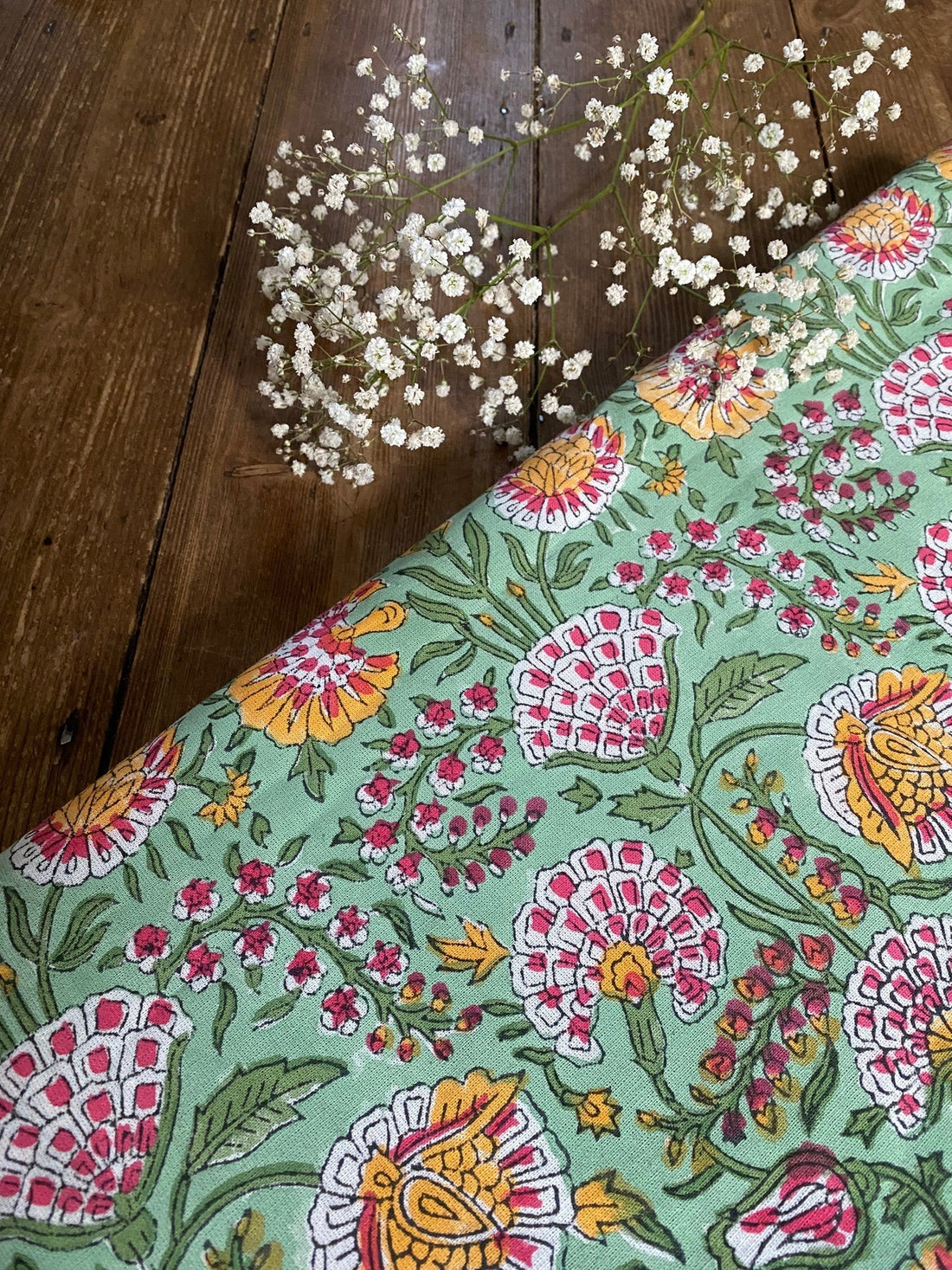Indian Block Print Tablecloth - Multi on Green