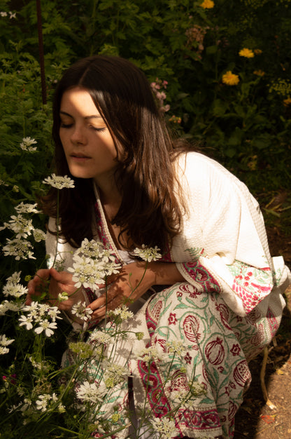 Cotton Waffle Indian Block Print Dressing Gown - Pomegranate