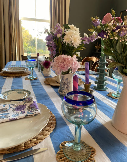 Indian Block Print Tablecloth - Pastel Blue Stripe