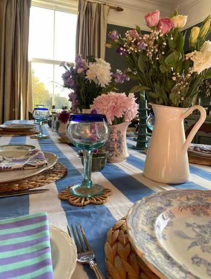 Indian Block Print Tablecloth - Pastel Blue Stripe