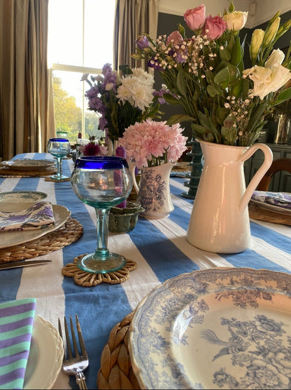 Indian Block Print Tablecloth - Pastel Blue Stripe