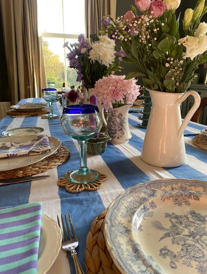 Indian Block Print Tablecloth - Pastel Blue Stripe