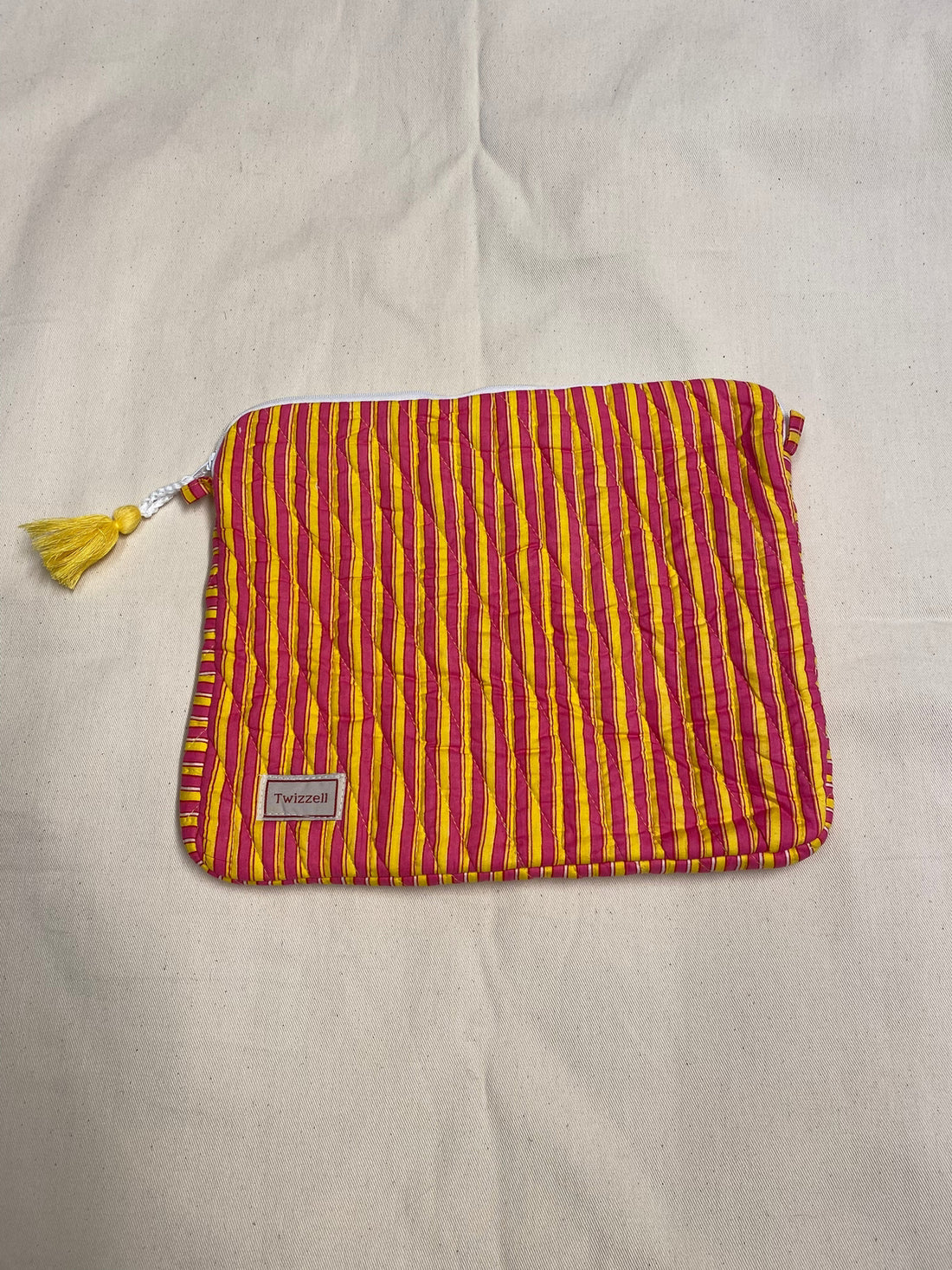 Indian Block Print Laptop Pouch - Geometric Pink Stripe