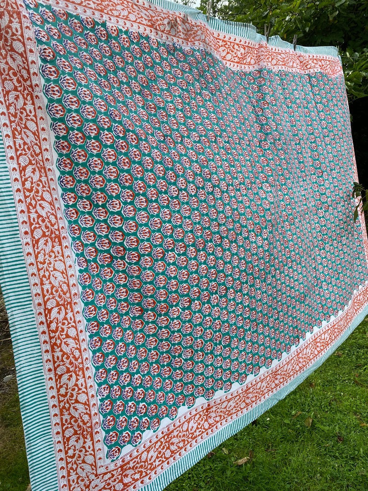 Indian Block Print Tablecloth - Blue, Turquoise and Burnt Orange