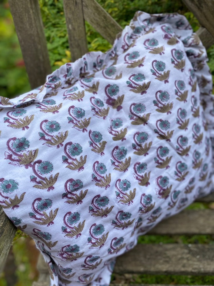 Ruffle Cushion Cover - White, Olive, Teal and Aubergine Flower