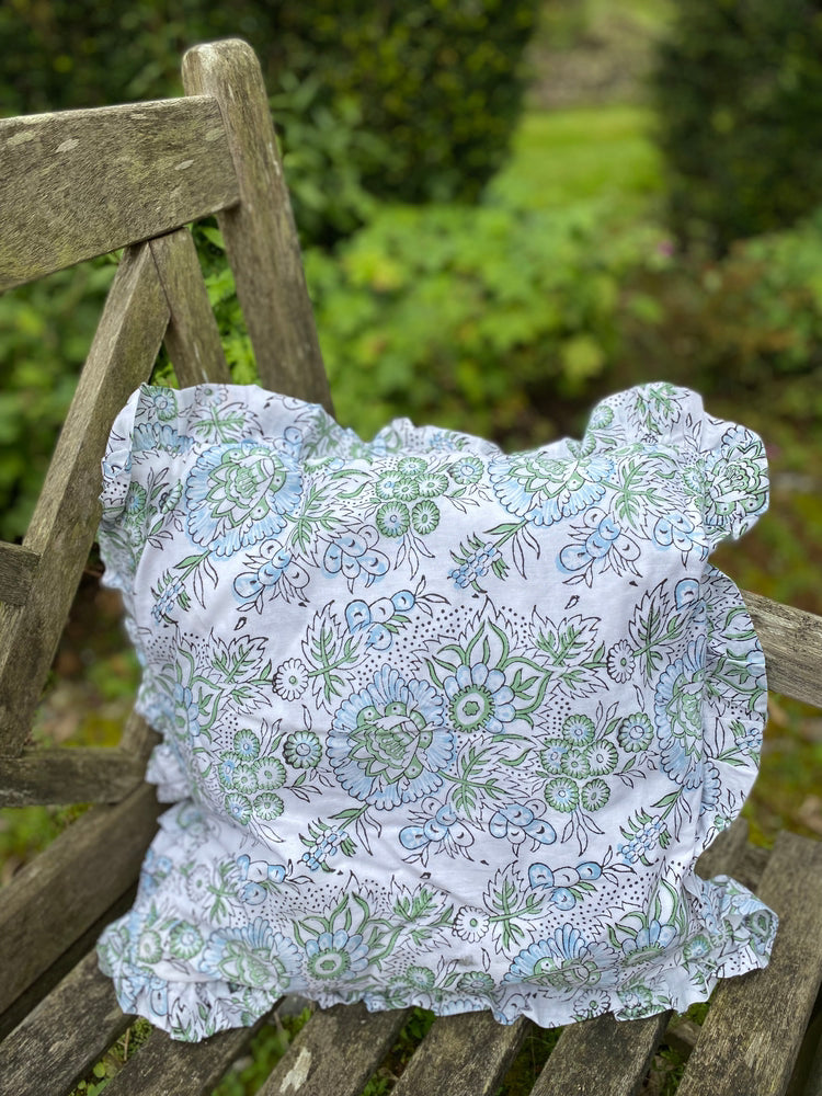 Ruffle Cushion Cover - White, Green and Blue Floral