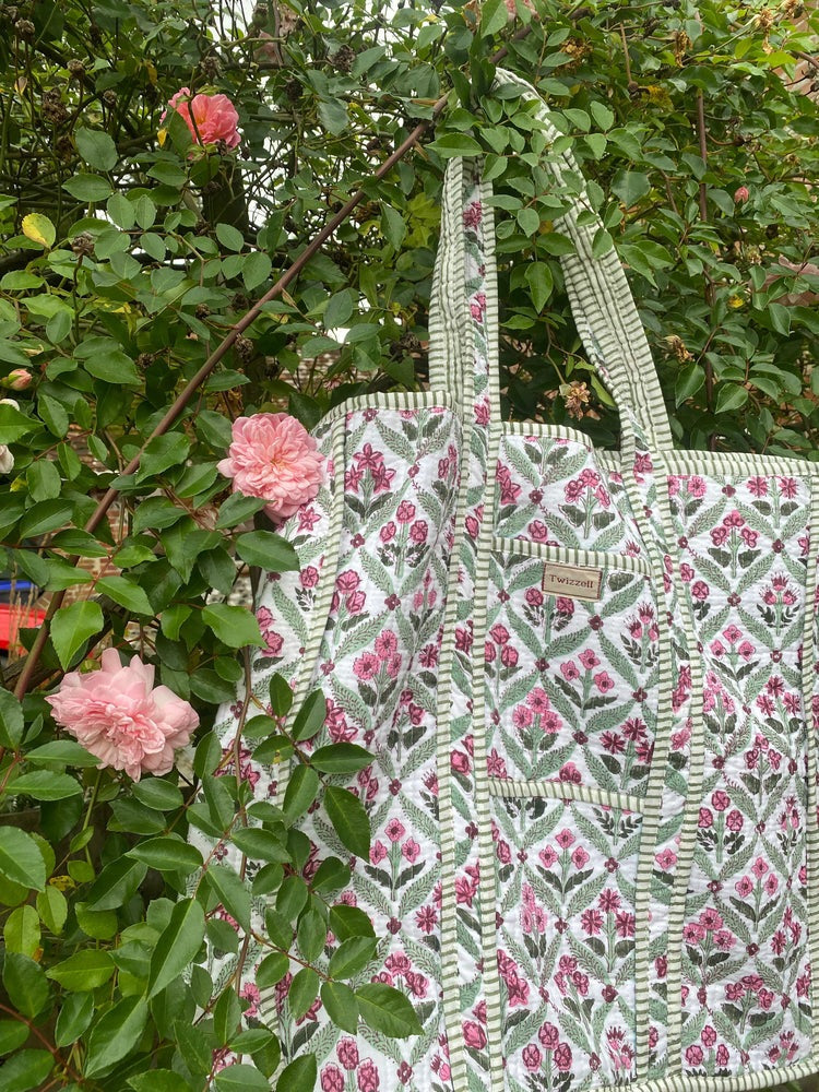 Indian Block Print Tote Bag - Mini Floral Diamond