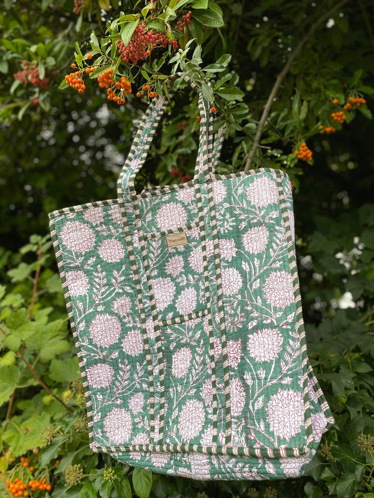 Indian Block Print Tote Bag - Faded Green and White Flowers