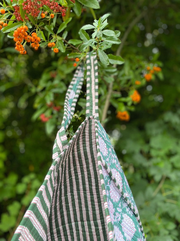 Indian Block Print Tote Bag - Faded Green and White Flowers