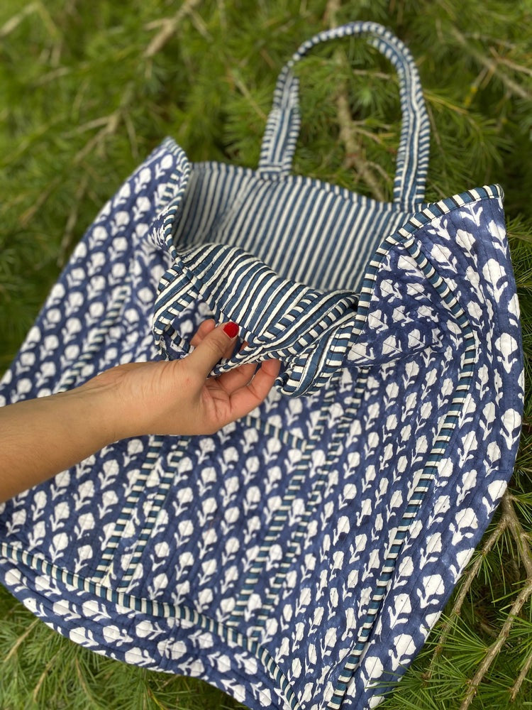 Indian Block Print Tote Bag - Classic Navy and White