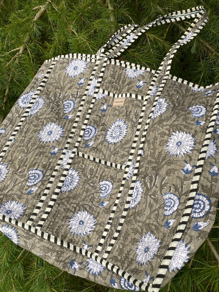 Indian Block Print Tote Bag - Khaki Floral