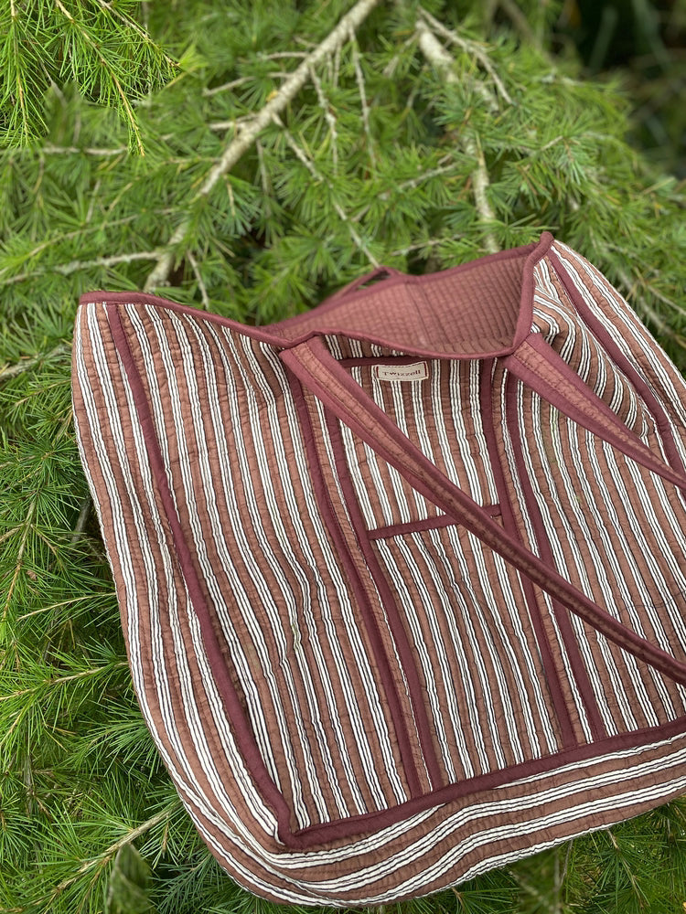 Indian Block Print Tote Bag - Aubergine Stripe