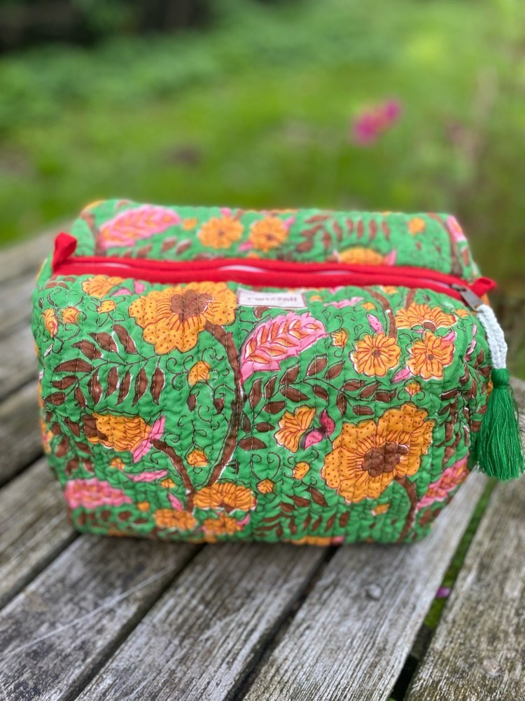 Quilted Wash Bag - Green with Orange Flowers