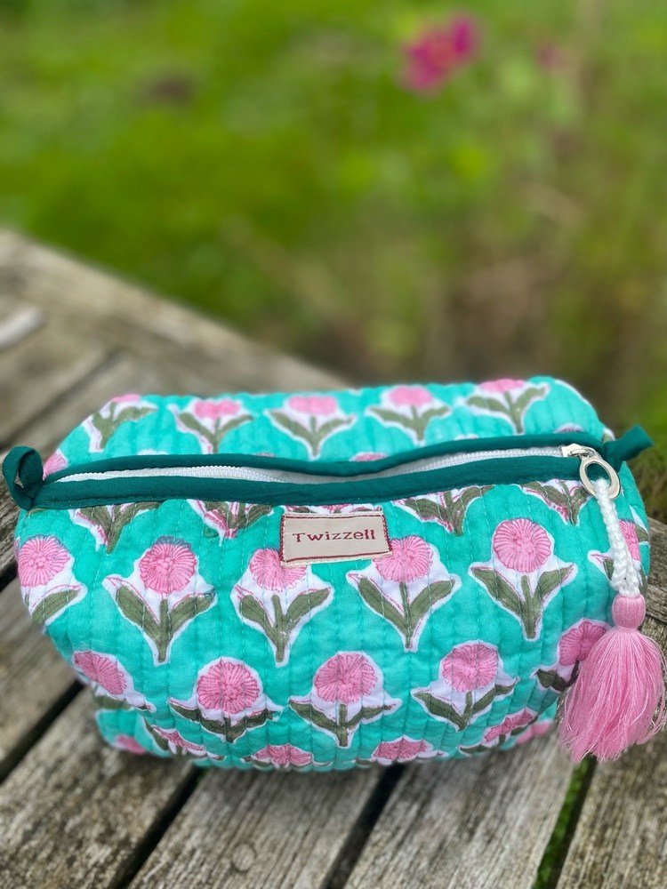 Quilted Wash Bag - Turquoise with Pink Flowers