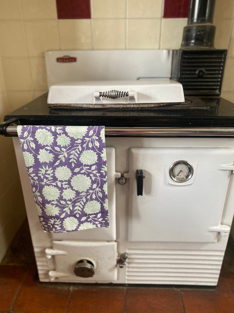 Indian Block Print Tea Towel - Purple and White Flowers