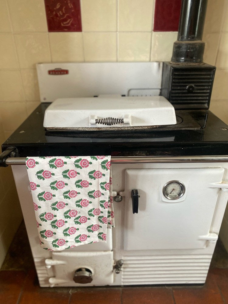 Indian Block Print Tea Towel - Mini Pink Print