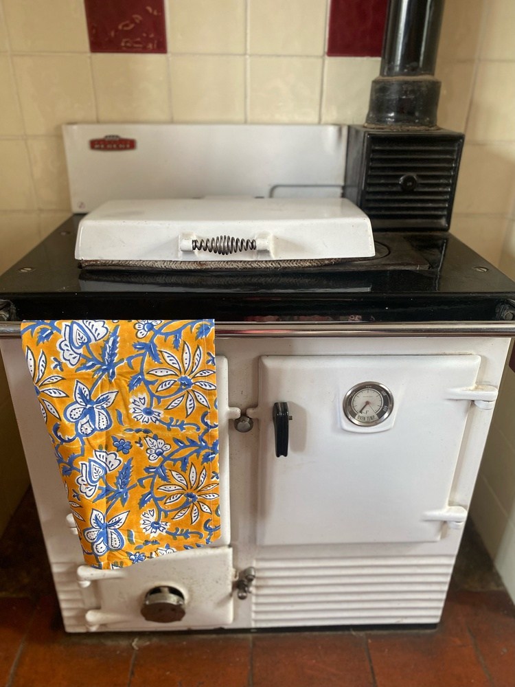 Indian Block Print Tea Towel - Orange and Blue Flower