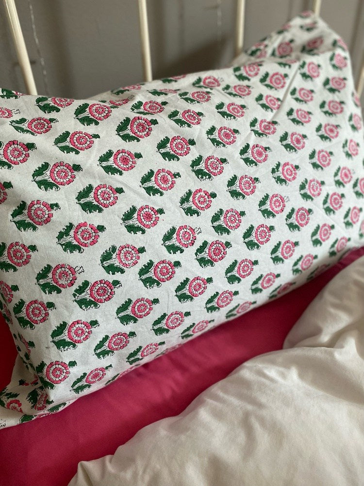 Indian Block Print Cotton Pillowcase - Mini Pink Flower