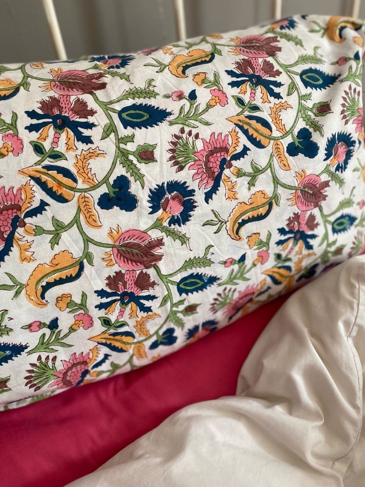 Indian Block Print Cotton Pillowcases - Multicoloured on White