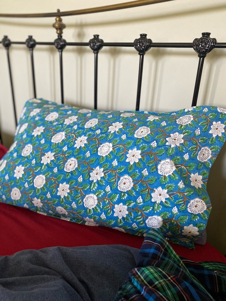 Indian Block Print Cotton Pillowcases - Blue, Green and White Flowers