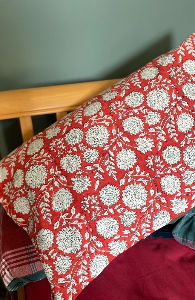 Indian Block Print Cotton Pillowcases - Red and White Flowers