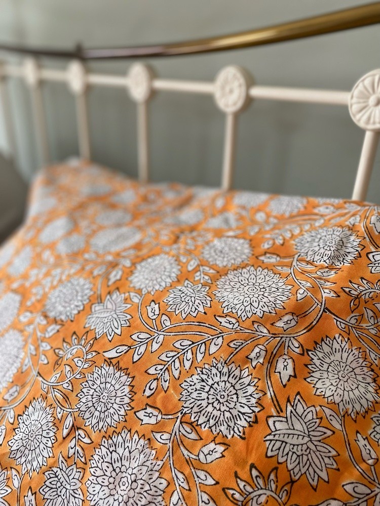 Indian Block Print Cotton Pillowcases - Orange and White Flowers