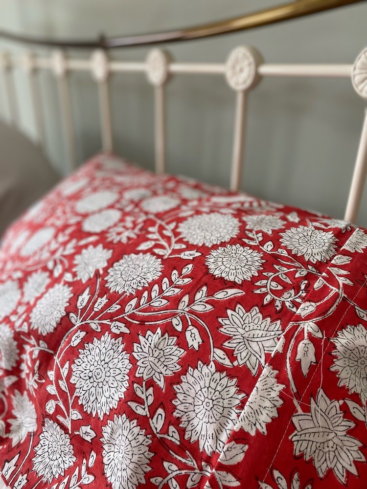 Indian Block Print Cotton Pillowcases - Red and White Flowers