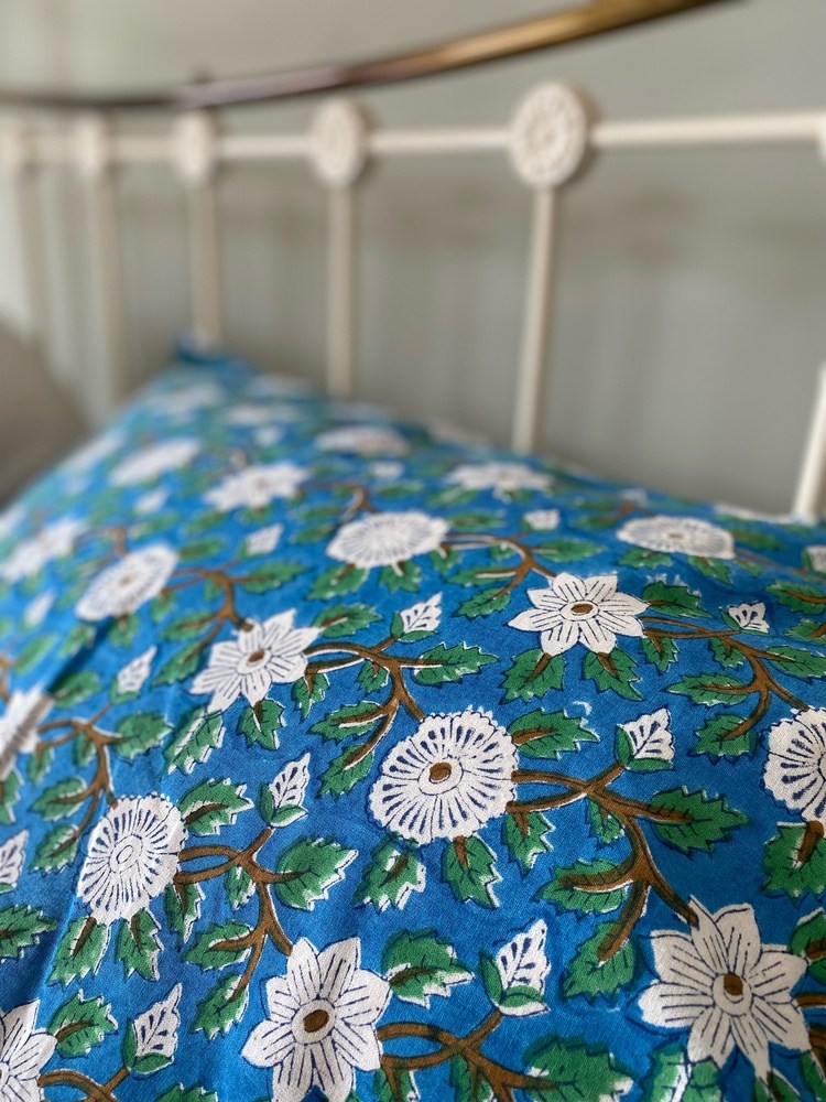 Indian Block Print Cotton Pillowcases - Blue, Green and White Flowers