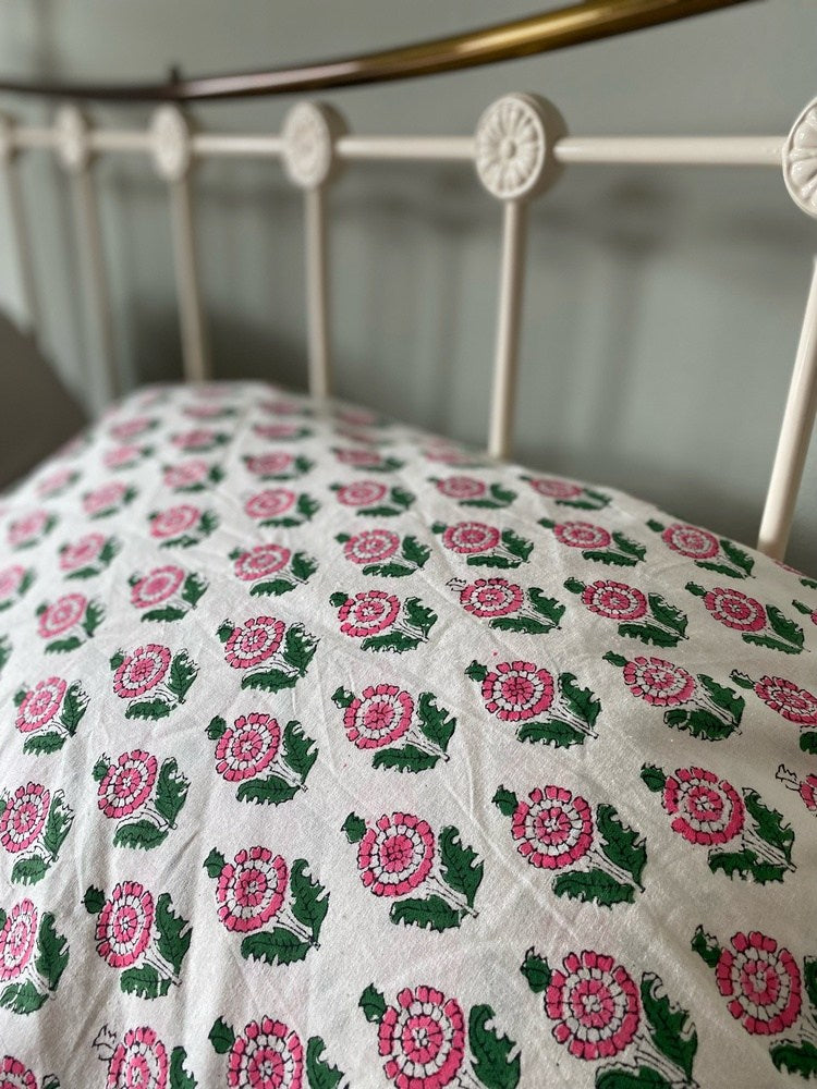 Indian Block Print Cotton Pillowcase - Mini Pink Flower