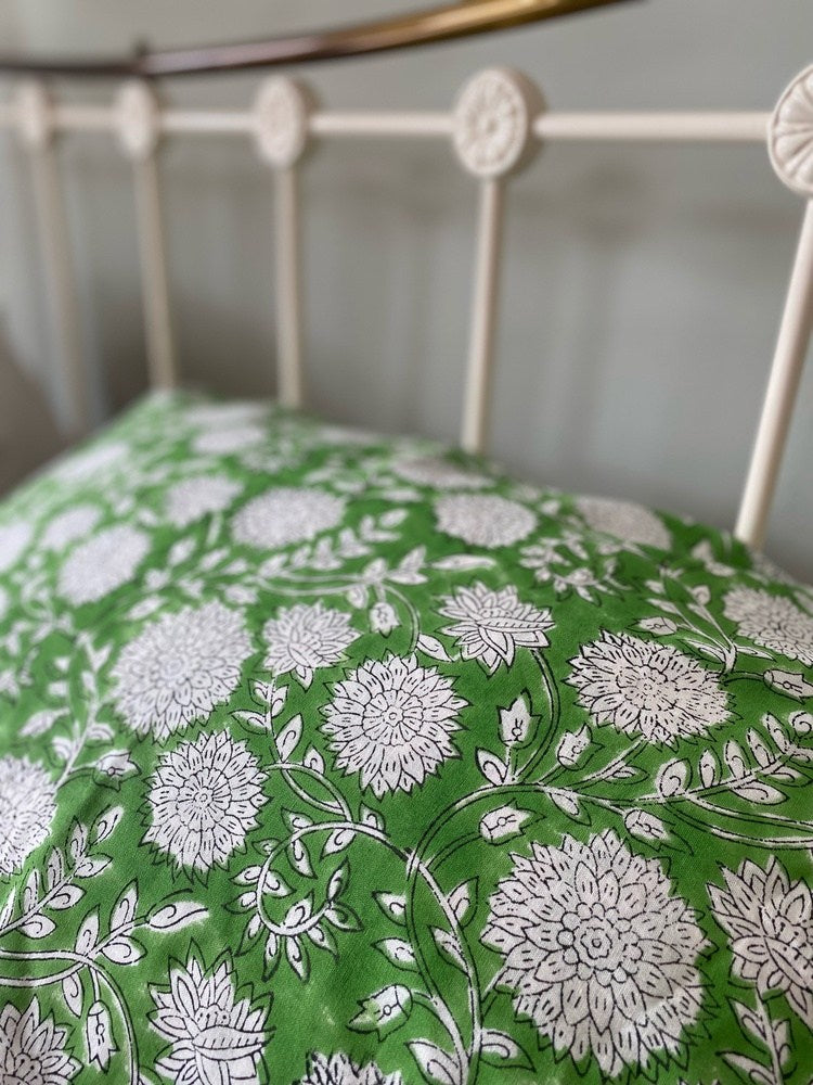 Indian Block Print Cotton Pillowcases - Green and White Flowers