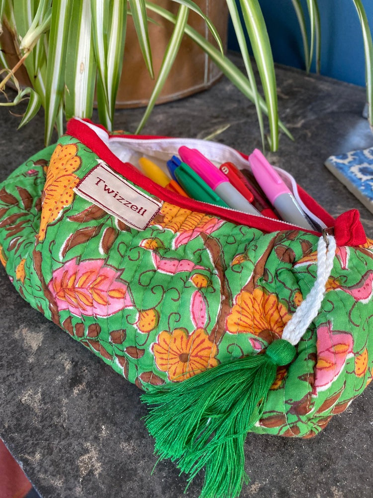 Quilted Indian Block Print Pencil Case - Green/Yellow