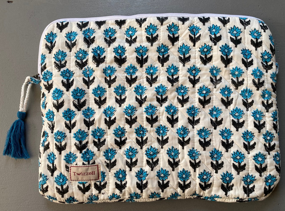 Indian Block Print Laptop Pouch - Blue Flowers