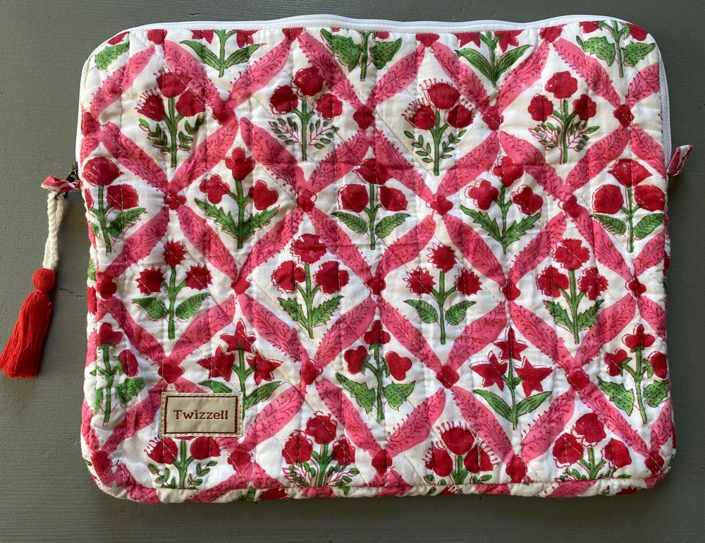 Indian Block Print Laptop Pouch - Geometric Pink and Red